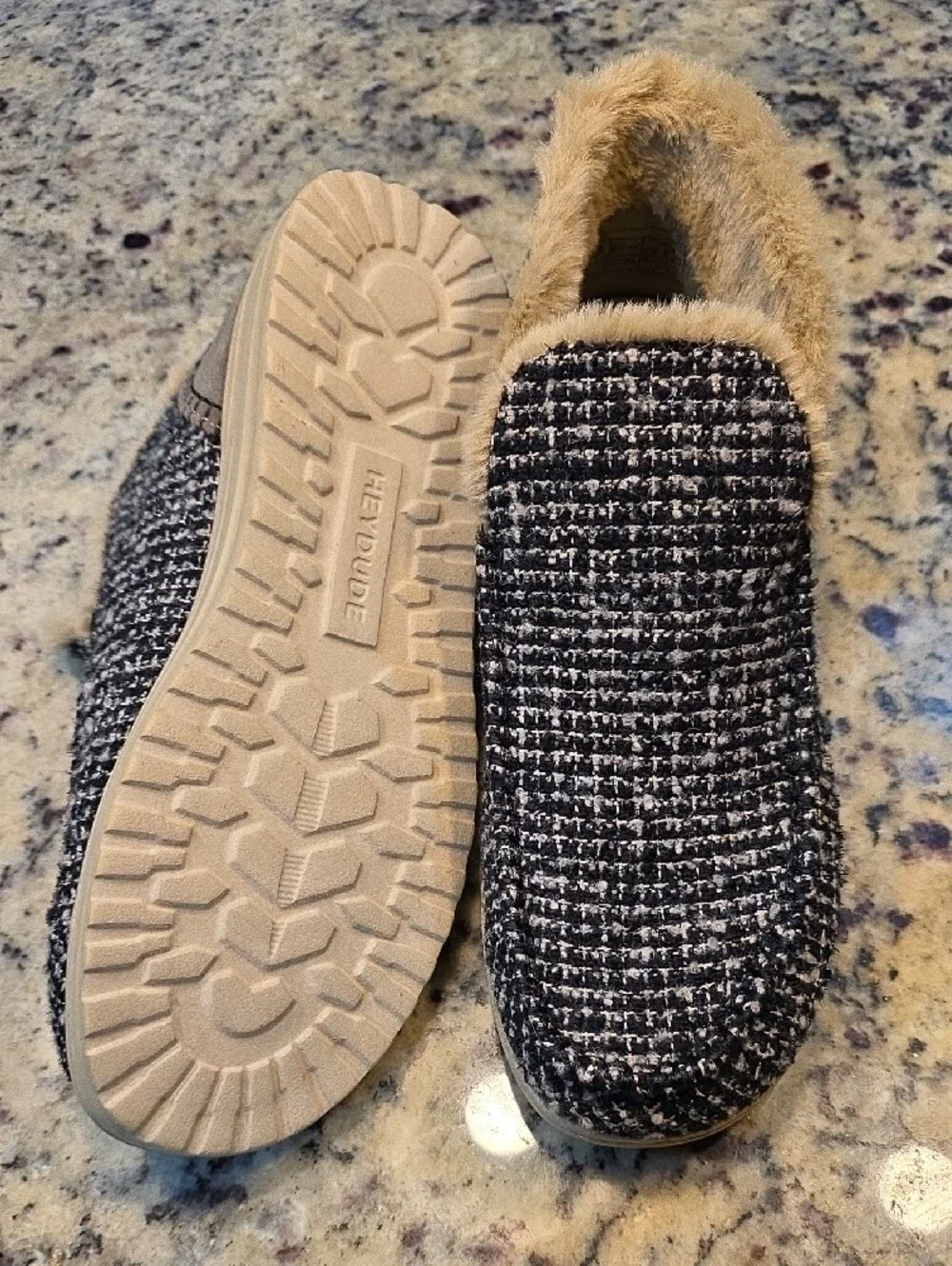Hey Dude Black White Tan Tweed Faux-Fur Lined Ankle Booties - NWOB